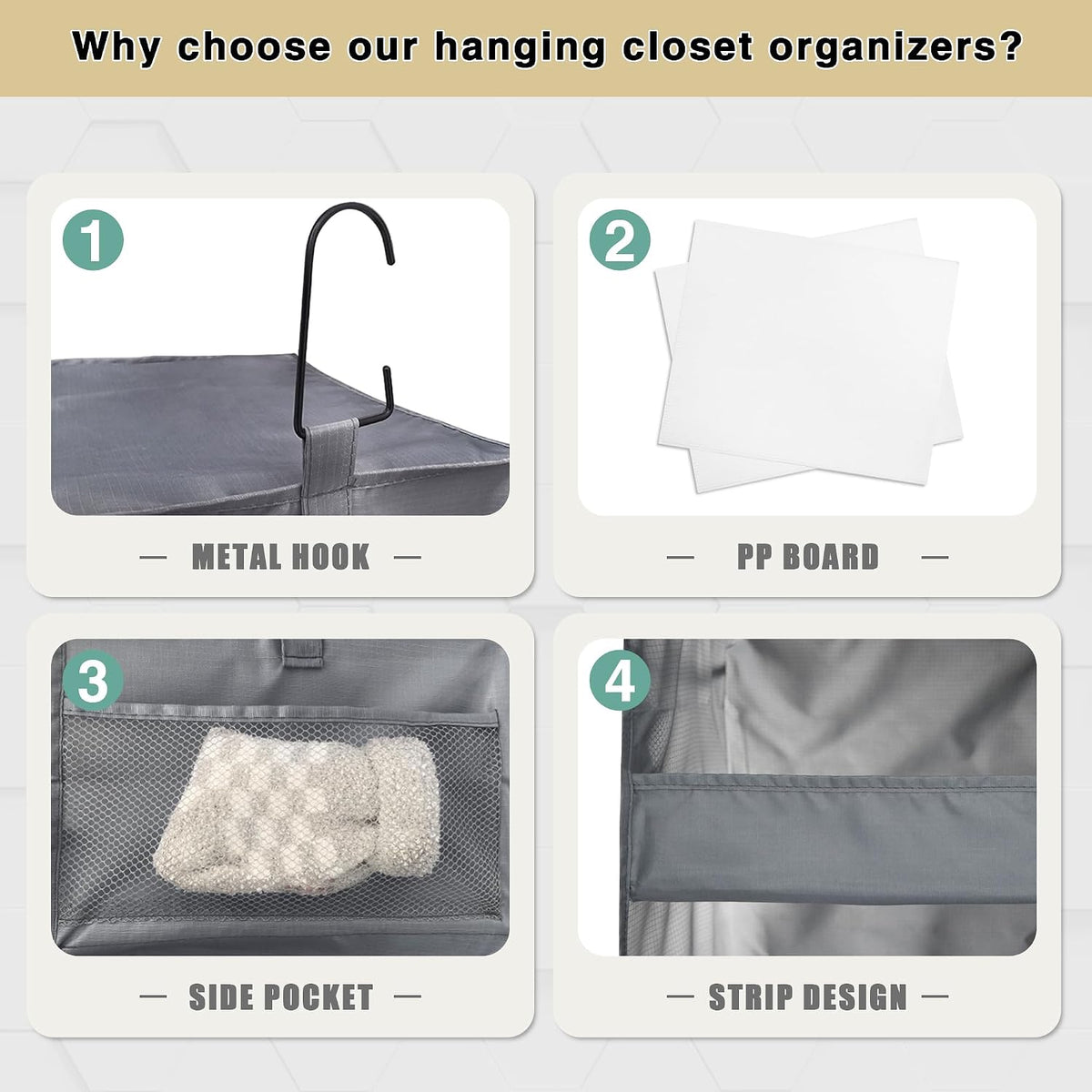 3-Shelf Hanging Closet Organizer, Washable Foldable Storage, Dark Gray
