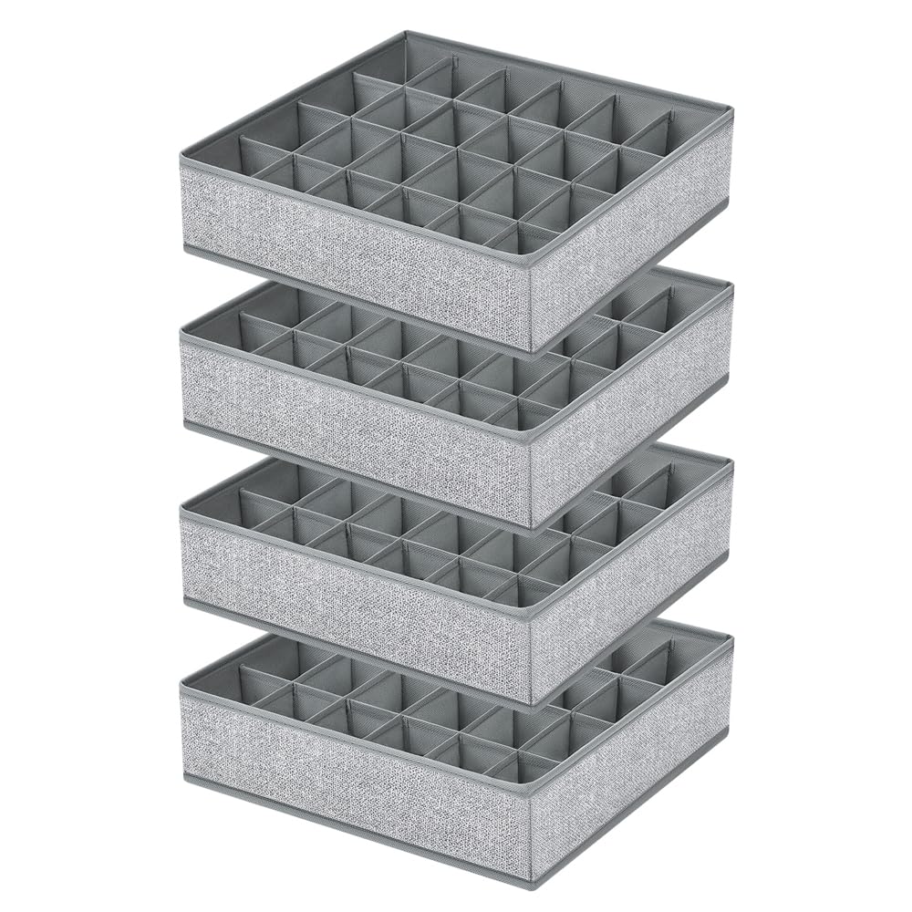 Sock Organizer 4 Pack, 24 Cell Underwear Organizer Foldable Underwear Storage, Sock and Underwear Drawer Organizer for Socks Ties Underwear Belts. (Grey)