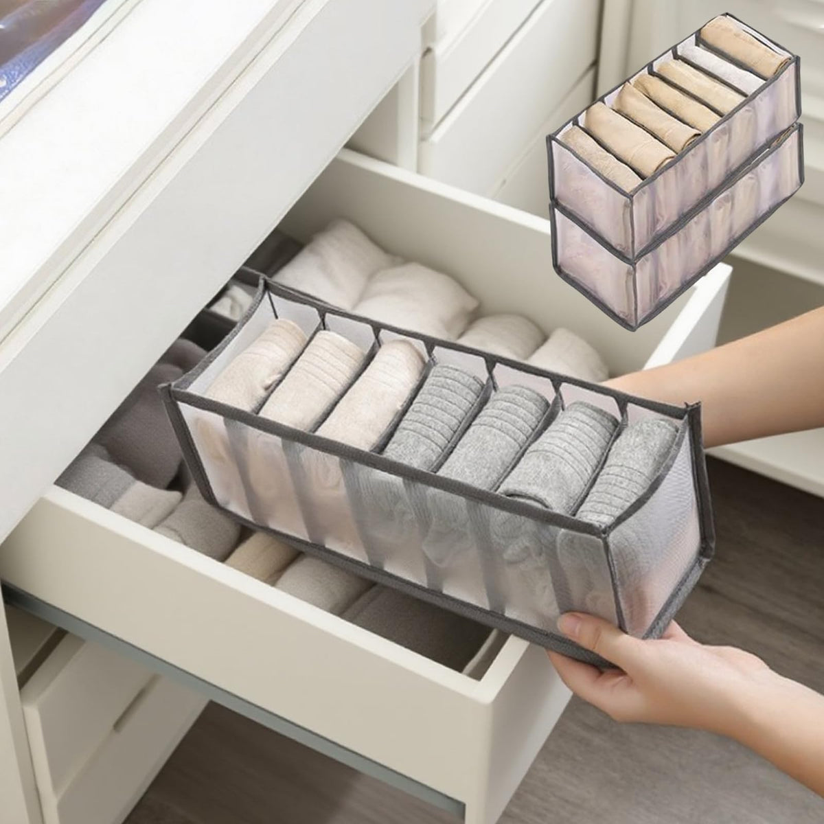 2-Pack Underwear Storage Organizer, 7-Compartment Foldable Drawer Divider for Home, Closet, and Travel Use, Mesh Fabric Organizer Box for Clothing