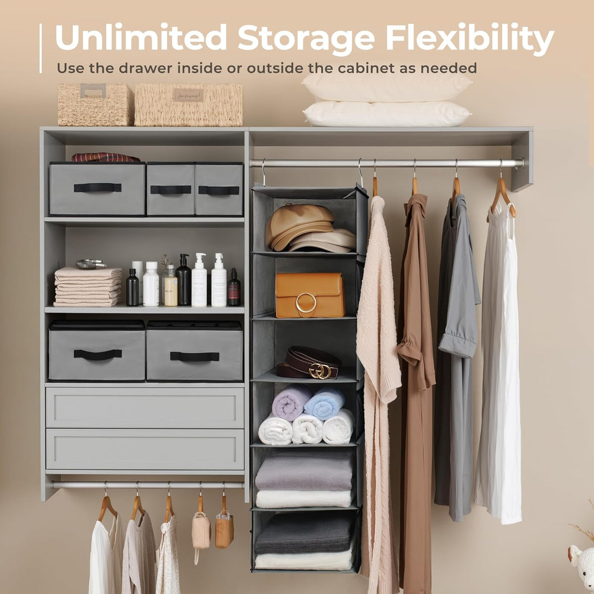 GRANNY SAYS Hanging Closet Organizer, 5 Drawers, 6 Shelves, 6 Pockets, Gray