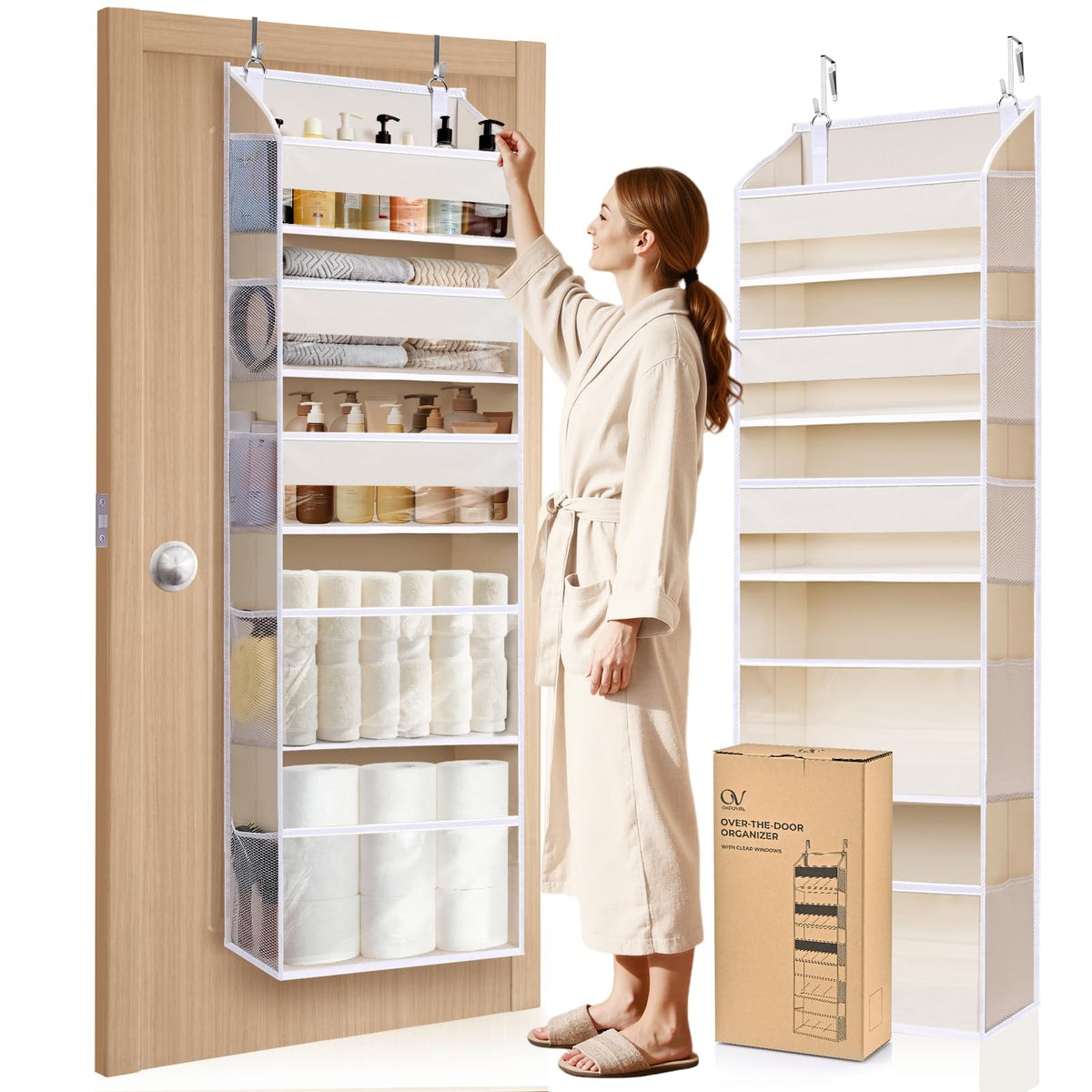 5 Tiers Over the Door Organizer with 10 Mesh Side Pockets, 44 lbs Weight Capacity Closet Hanging Storage Organizer with Large Clear Window Kids Toys, Shoes, Diapers, Beige