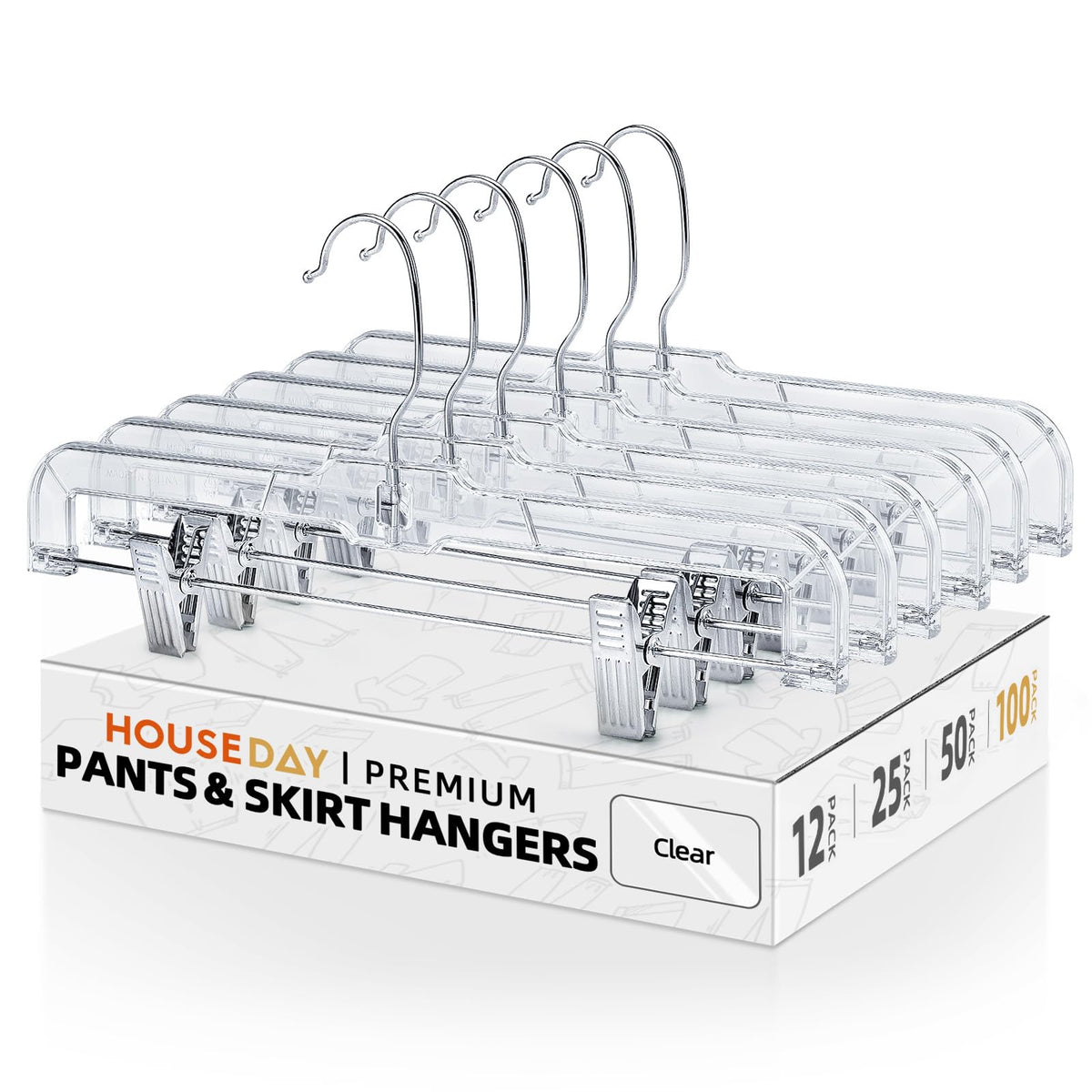 HOUSE DAY 14 Inch Clear Pants Hangers with Clips 12 Pack, Skirt Hangers