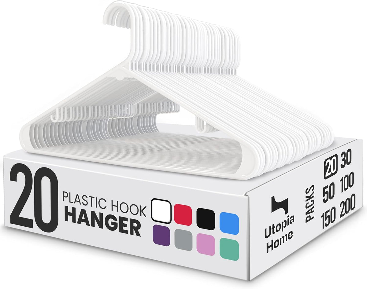 Utopia Home Plastic Hangers 20 Pack – Built-in Strap Hooks White