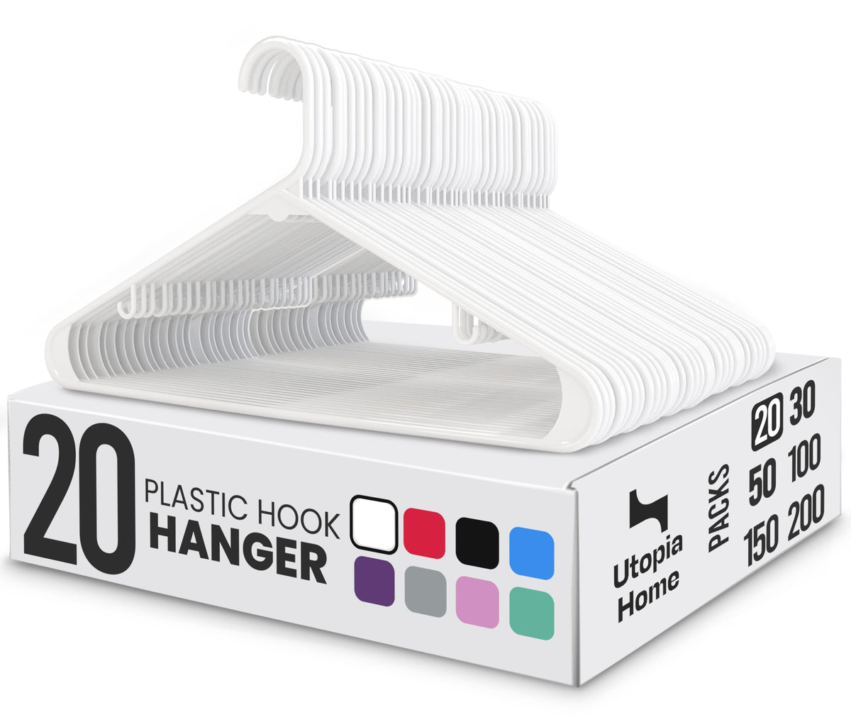 Utopia Home Plastic Hangers 20 Pack – Built-in Strap Hooks White