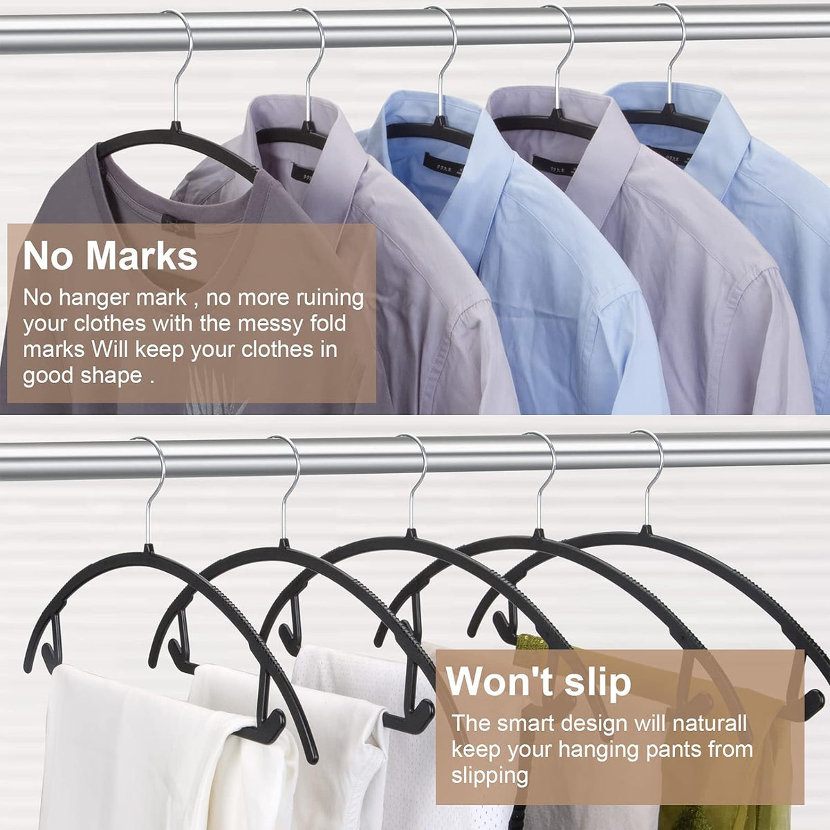 Ergonomic Curved Plastic Hangers 50 Pack No-Bump Black, Heavy Duty