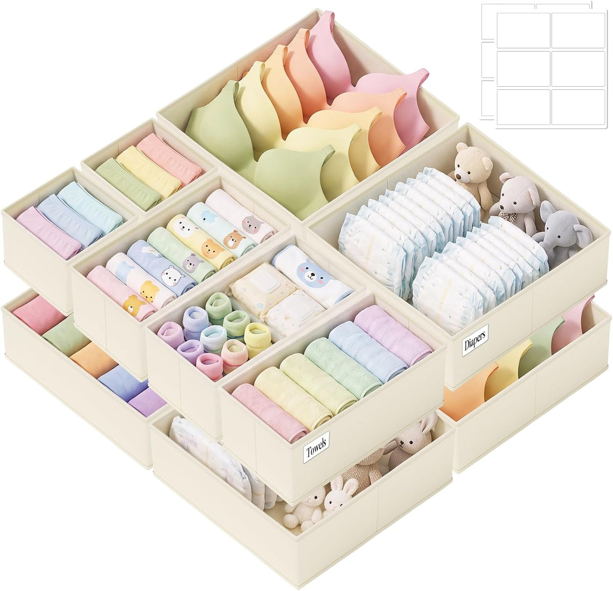Drawer Organizer Storage for Clothes, Socks, 10 Pack, Beige