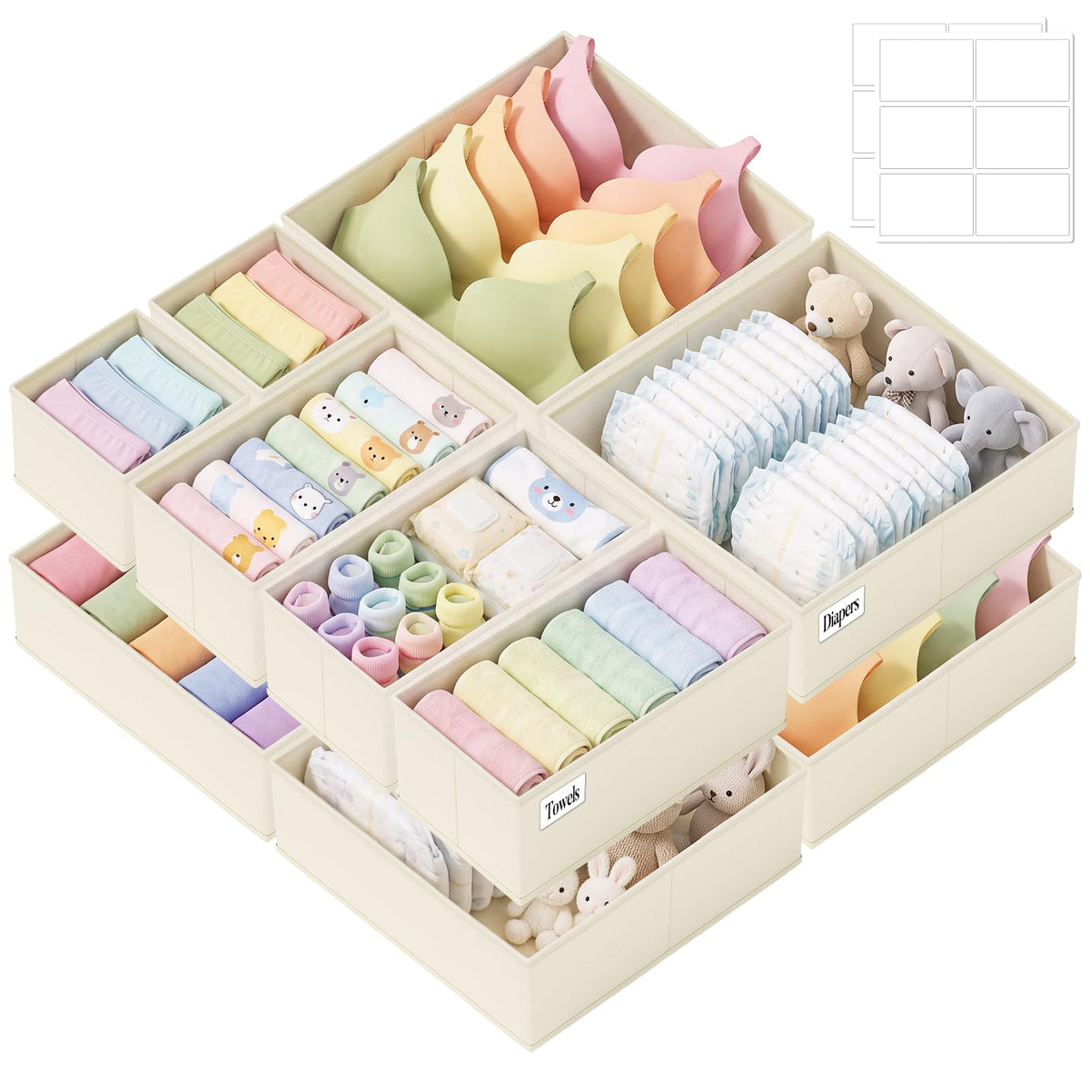 Drawer Organizer Storage for Clothes, Socks, 10 Pack, Beige