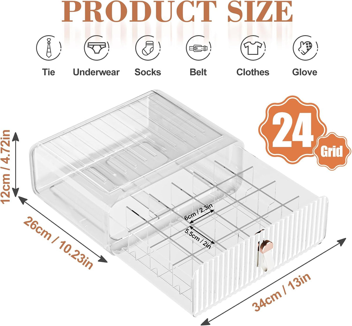Sock Underwear Drawer Organizer - 24 Compartment Clear Acrylic Storage Bins with Removable Dividers for Closet, Stackable Dresser Drawer Box for No-Mess Socks, Tiers, Baby Clothes, Belt, Tea Bag