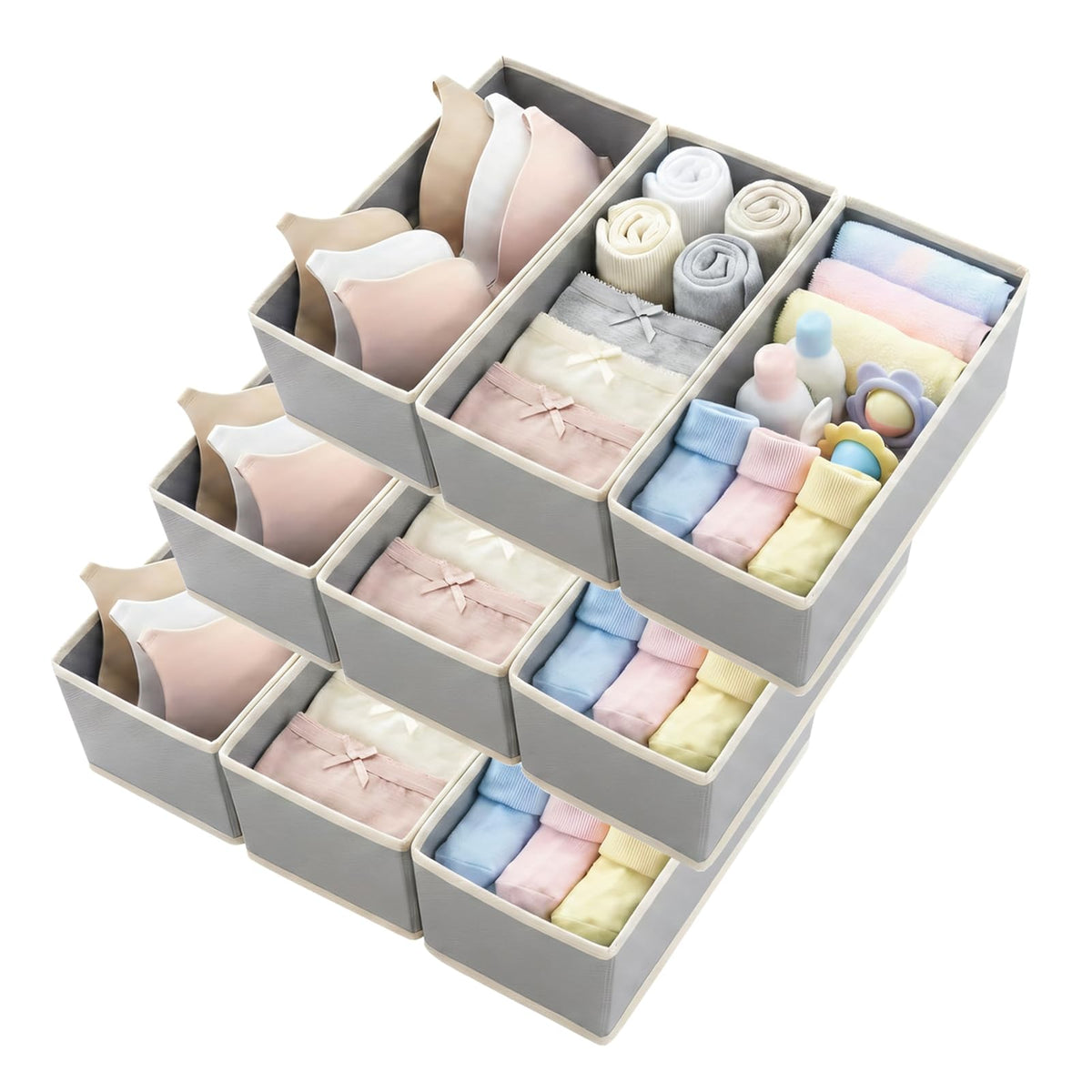 Small Foldable Fabric Drawer Organizer 3-Pack - 11" Breathable Closet & Dresser Storage Bins for Underwear, Socks, Baby Clothes & Bras, Grey