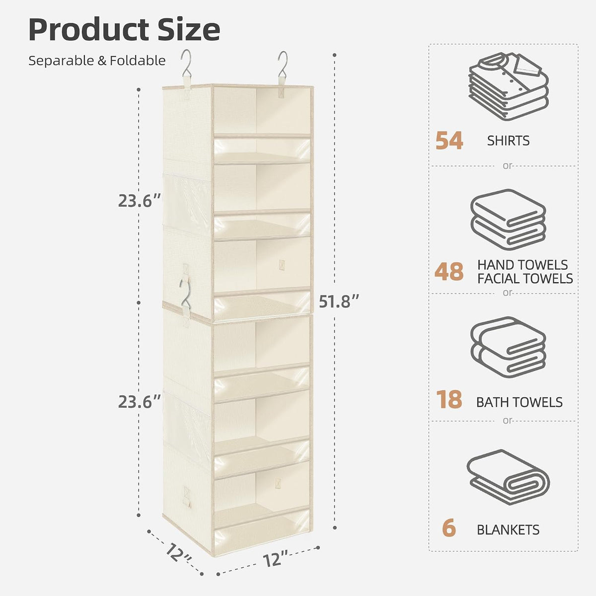 STORAGE MANIAC 6-Shelf Hanging Closet Organizer and Storage, 2 Separable 3-Shelf Haning Organizers for Closet, Collapsible Hanging Shelves Wardrobe Organization, College Dorm Room, Nursery, Beige