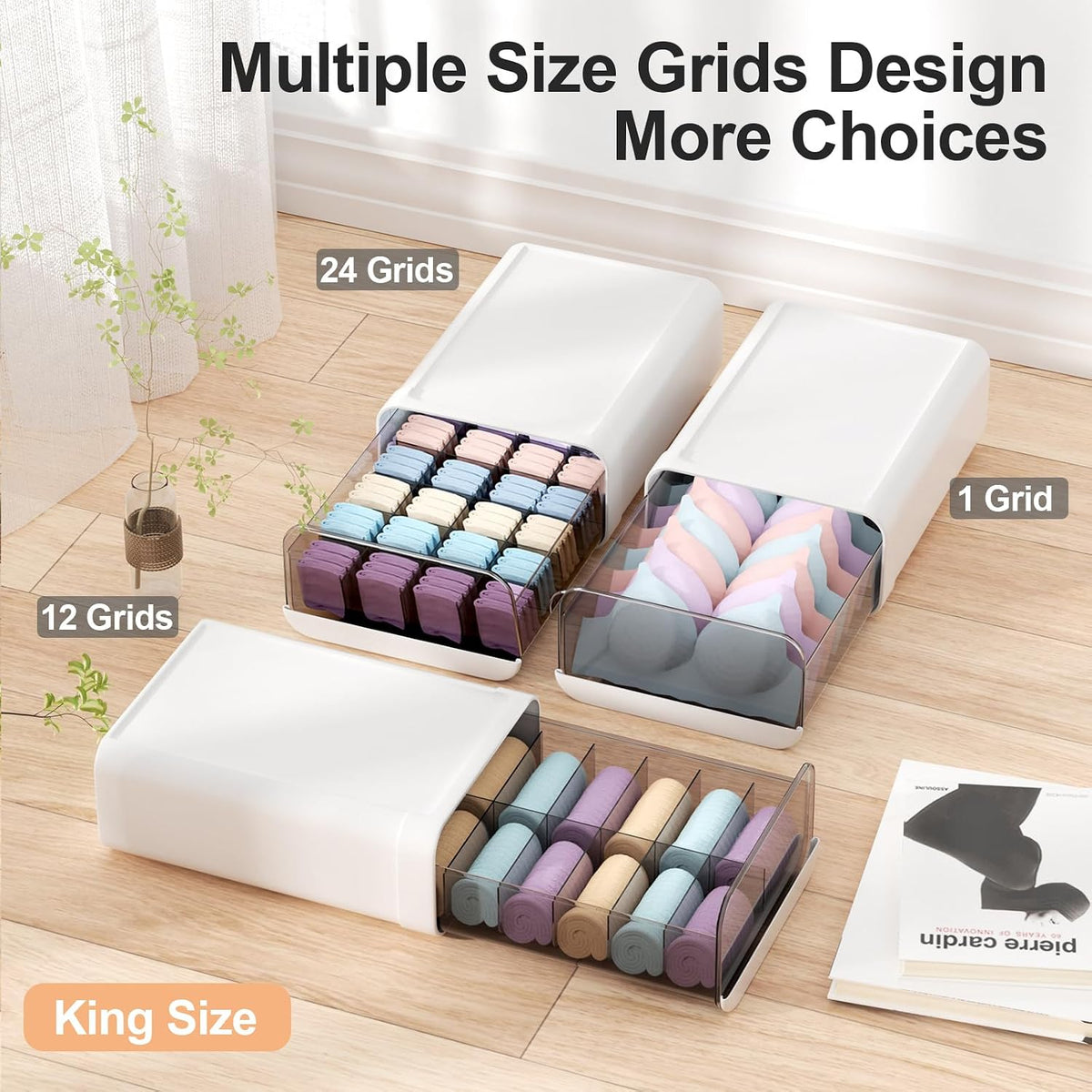Underwear Organizer Drawer, 24 Cells Plastic Sock Underwear Storage Drawer, Stackable Closet Organizers and Storage Box for Bras, Socks, Scarves, Ties, Belt (King Size-White, 1 Pcs)