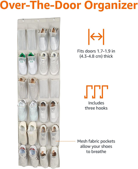 Amazon Basics 24 Medium Mesh Pocket Over-the-Door Hanging Shoe Organizer, Space Saving Shoe Storage, Light Grey
