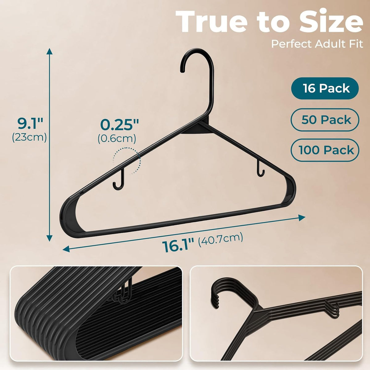 HOUSE DAY Black Plastic Hangers 16 Pack, Slim Space-Saving Clothes Hangers