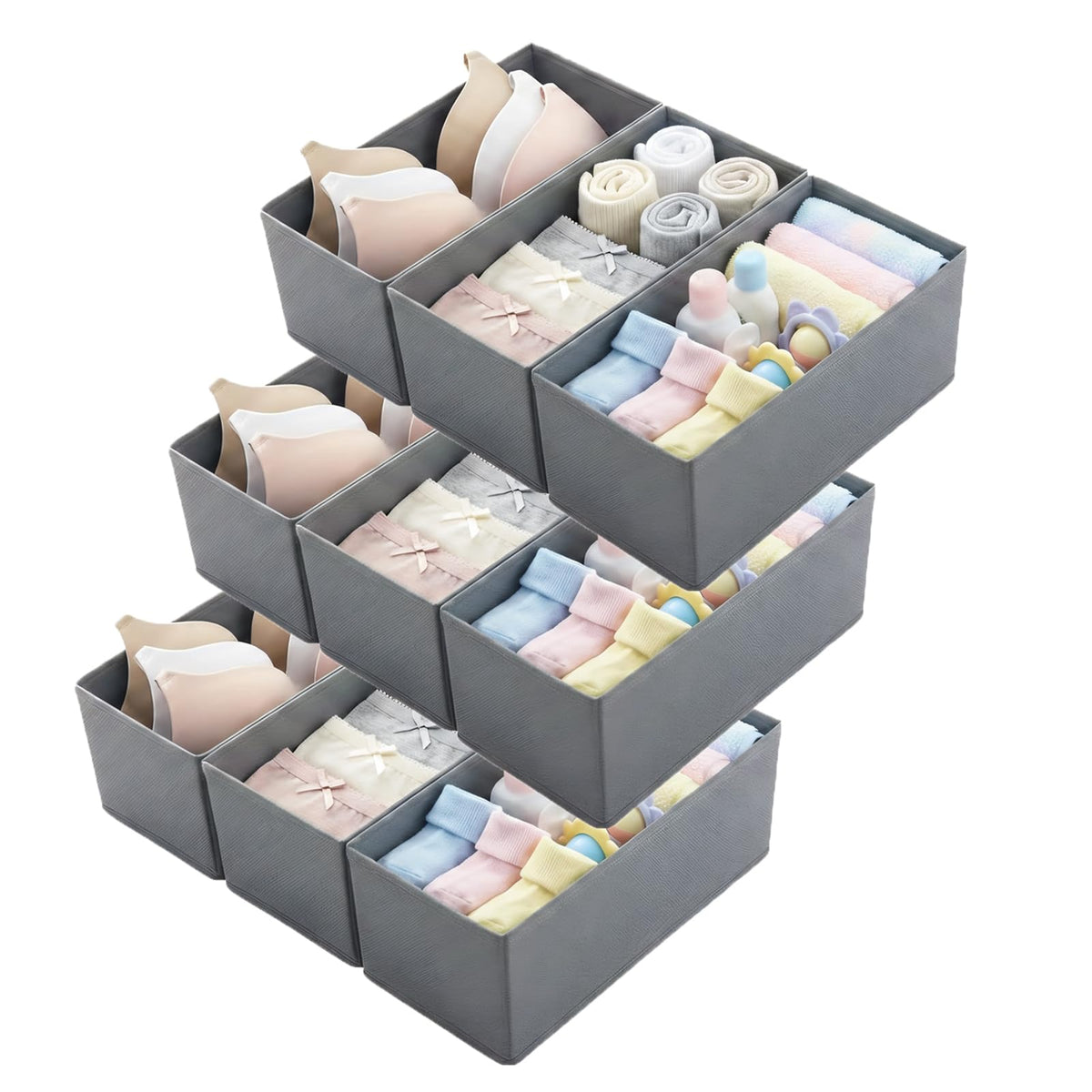 Small Foldable Fabric Drawer Organizer 3-Pack - 11" Breathable Closet & Dresser Storage Bins for Underwear, Socks, Baby Clothes & Bras, Grey