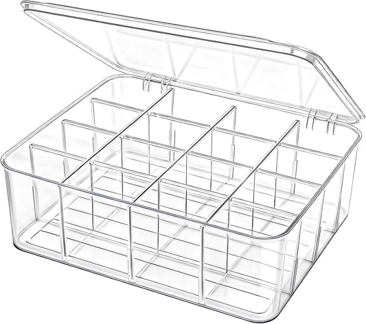 Adjustable Sock Underwear Drawer Organizer Dividers, 16 Grid Clear Tea Bag Holder with Lid, Removable Divided Tie Organizer Box, Plastic Storage Bin for Scarves Bras