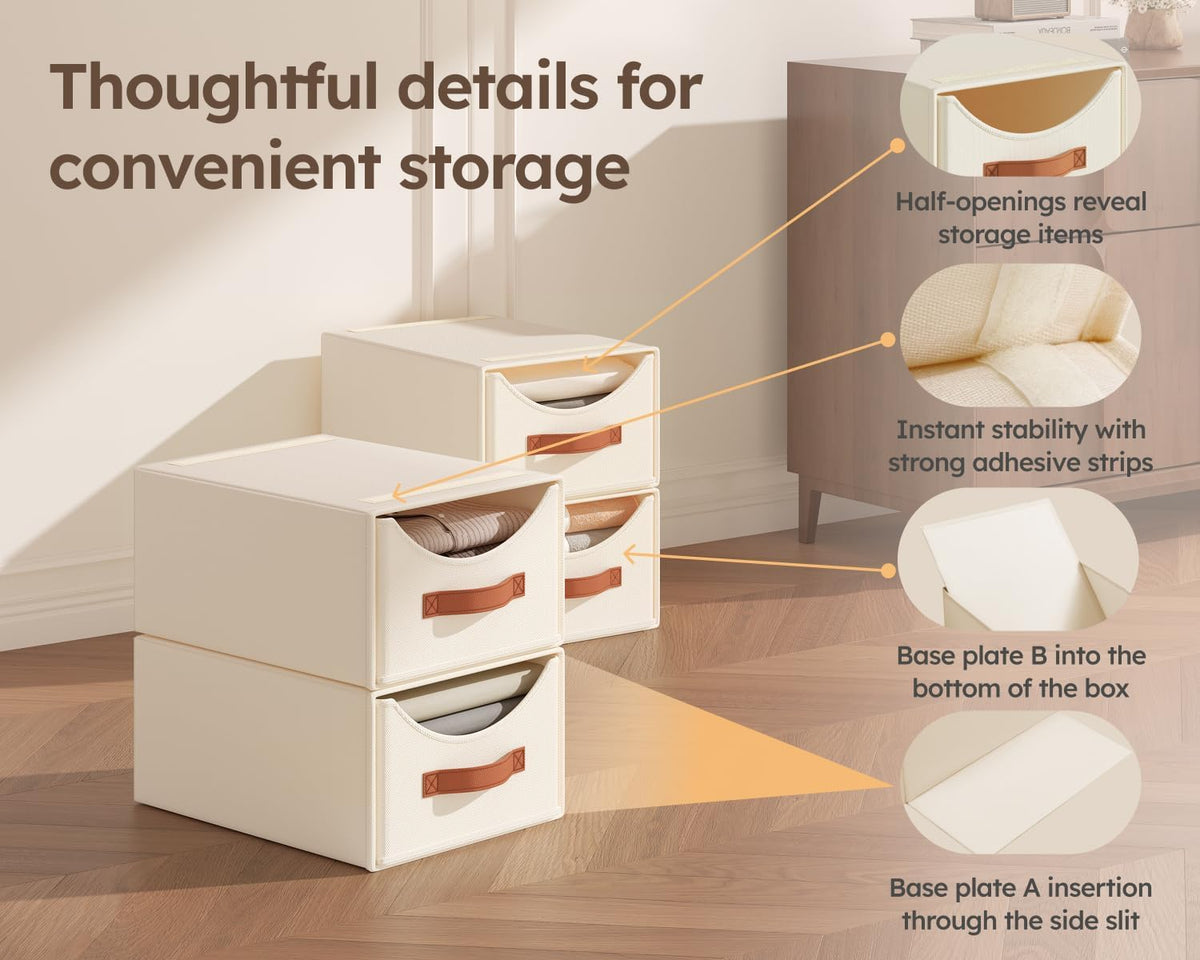 Homsorout Stackable Storage Drawers - Collapsible Storage Bins with Drawers, 4 Pack Closet Shelf Organizer Basket, Fabric Pull Out Organizer for Bedroom, Living Room, Dorm, Beige