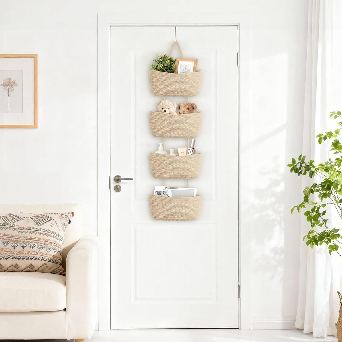 Dahey Over The Door Hanging Basket Storage 4-Tier Woven Wall Basket, Jute
