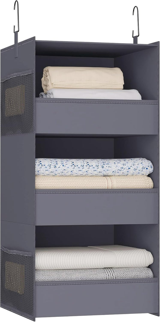 3-Shelf Hanging Closet Organizer, Washable Foldable Storage, Dark Gray