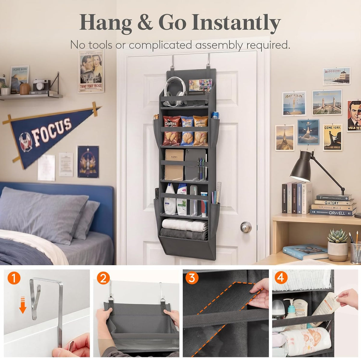 Lifewit 1 Pack Over the Door Organizer 5 Section Hanging Storage, Dark Gray