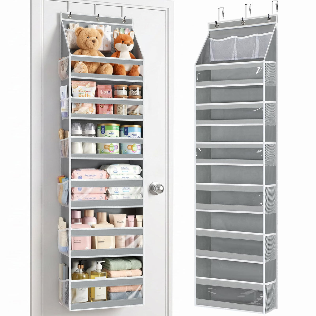 Yecaye 5 Tier Over the Door Organizer, Swing-proof Door Organizer Hanging with Clear PVC Windows, Behind the Door Storage for Bedroom Nursery Closet Laundry Pantry Bathroom, Grey