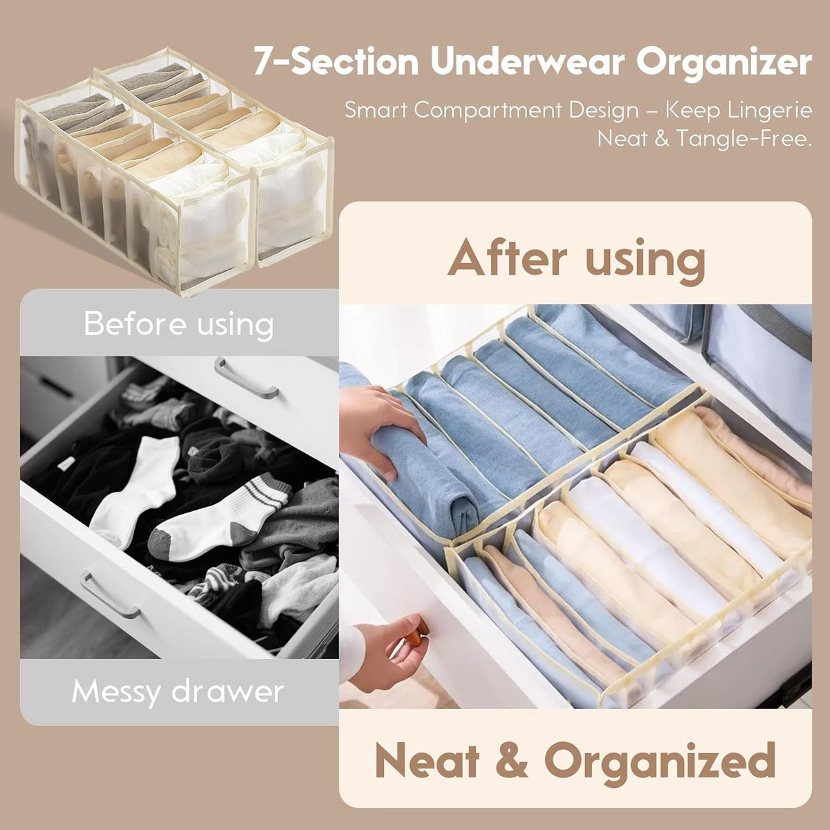2-Pack Underwear Storage Organizer, 7-Compartment Foldable Drawer Divider for Home, Closet, and Travel Use, Mesh Fabric Organizer Box for Clothing