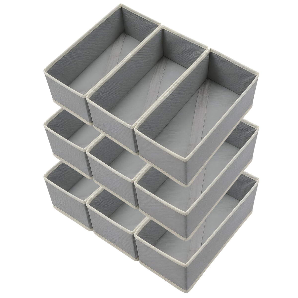 Bructhun Sock Drawer Organizer 3 Pack - Collapsible Fabric Storage Bins for Underwear Divider, Small Closet Organizers with 3 Compartments, Gray