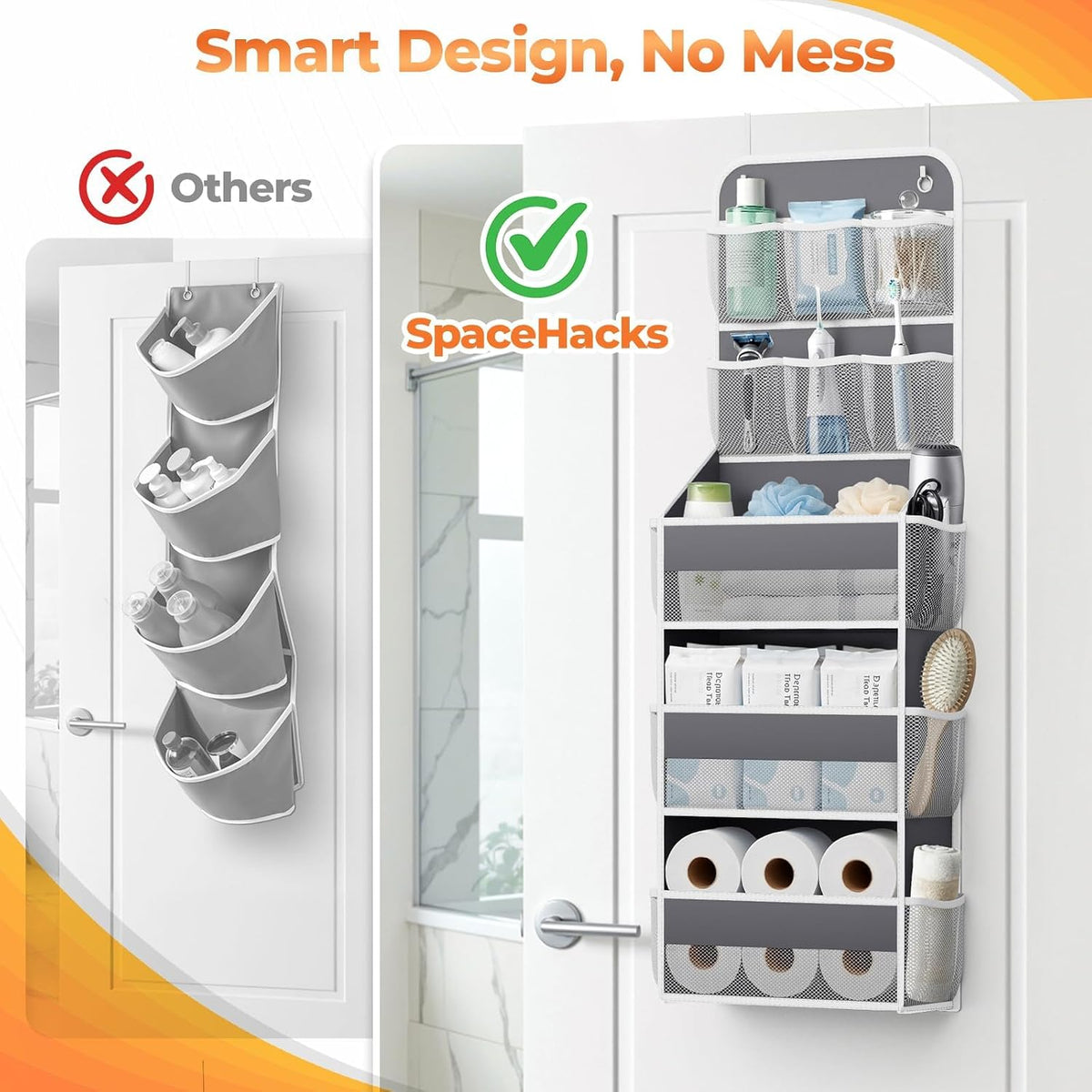 SpaceHacks 5-Tier Over the Door Organizer with Mesh Pockets, Dark Grey