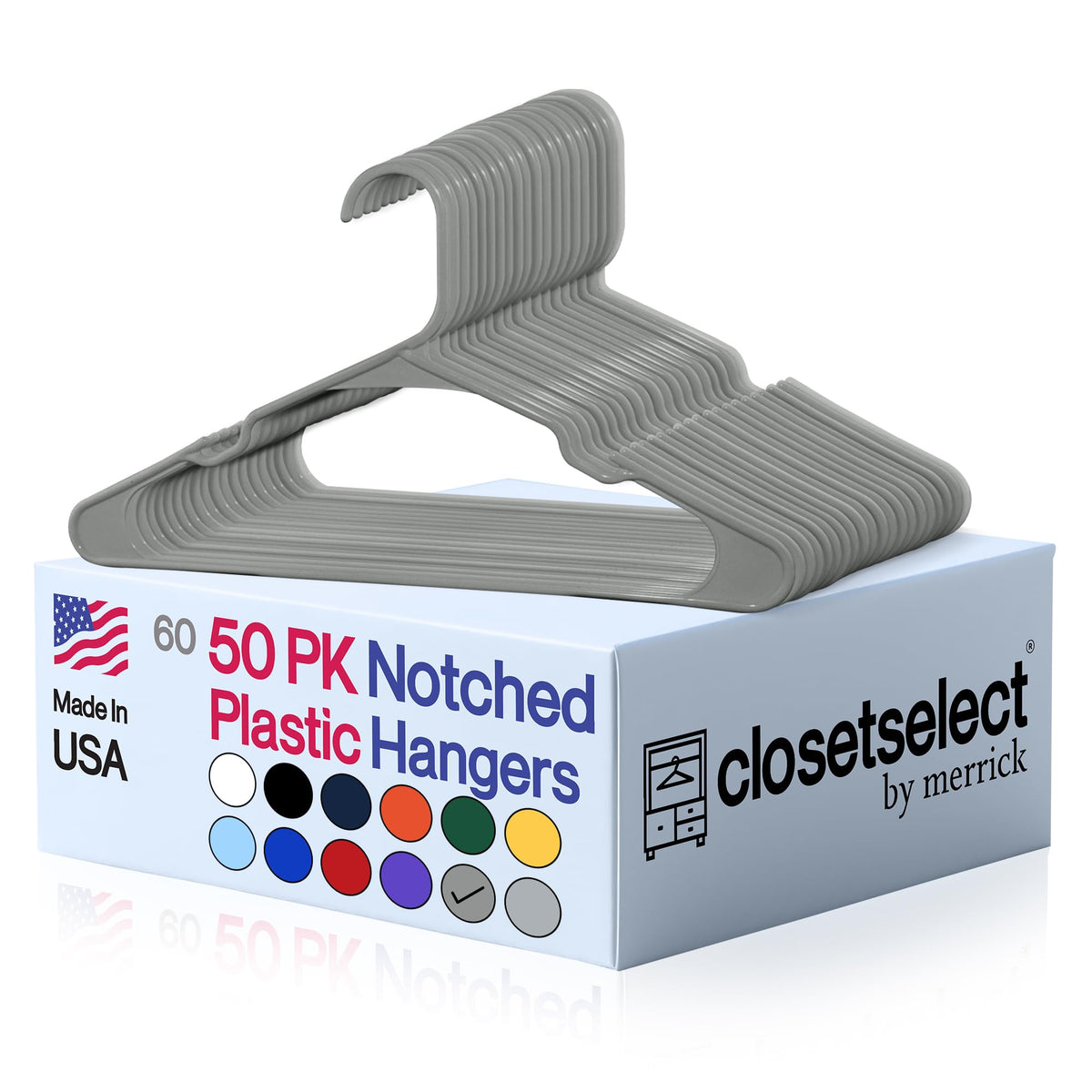 Closetselect Plastic Hangers 50 Pack, Strong Space Saving Notch Hanger, Made in USA, Perfect Shirt or Coat Plastic Hanger, with Shoulder Grooves, White, Notched
