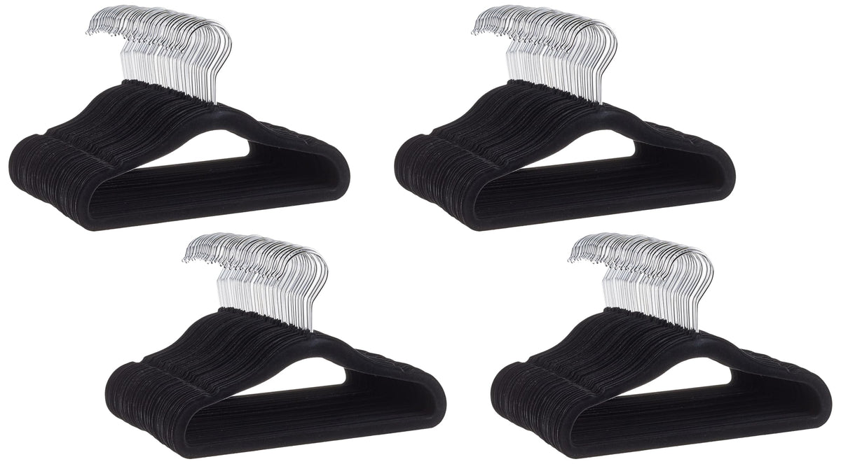 Amazon Basics Kids Space Saving Velvet Non-Slip Clothes Hangers with Shoulder Notches for Infant and Toddler, 11.6", Black, 50-Pack