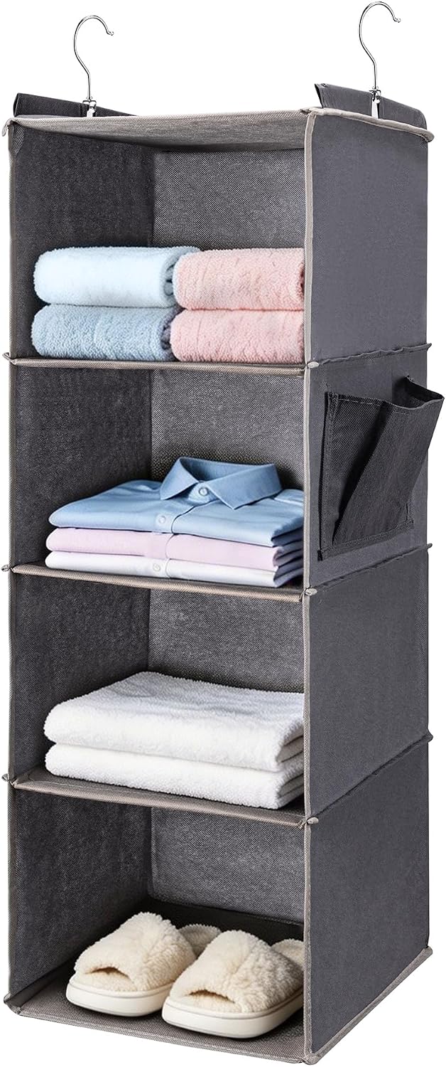 Hanging Closet Organizer and Shelves,4 Shelves with 1 Side Pockets (Grey)