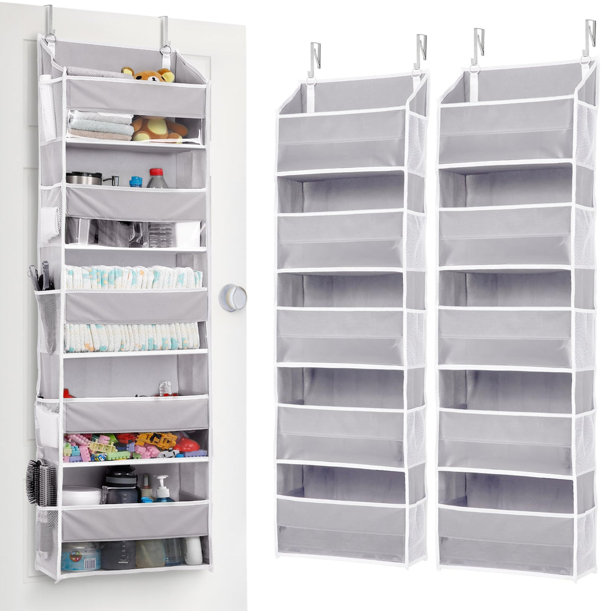 ULG 1 Pack Over Door Organizer with 5 Large and 10 Mesh Side Pockets, 44 lbs Weight Capacity Hanging Storage with Clear Window Kids Toys, Shoes, Diapers, Dark Grey, 5 Layers