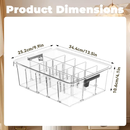 Socks Bra Underwear Drawer Organizer for Closet, 2 PCS Plastic Storage Box with 15 Removable Compartments and Lid, Clear Dresser Drawer Organizer Storage Container with Dividers for Sock Ties Belts