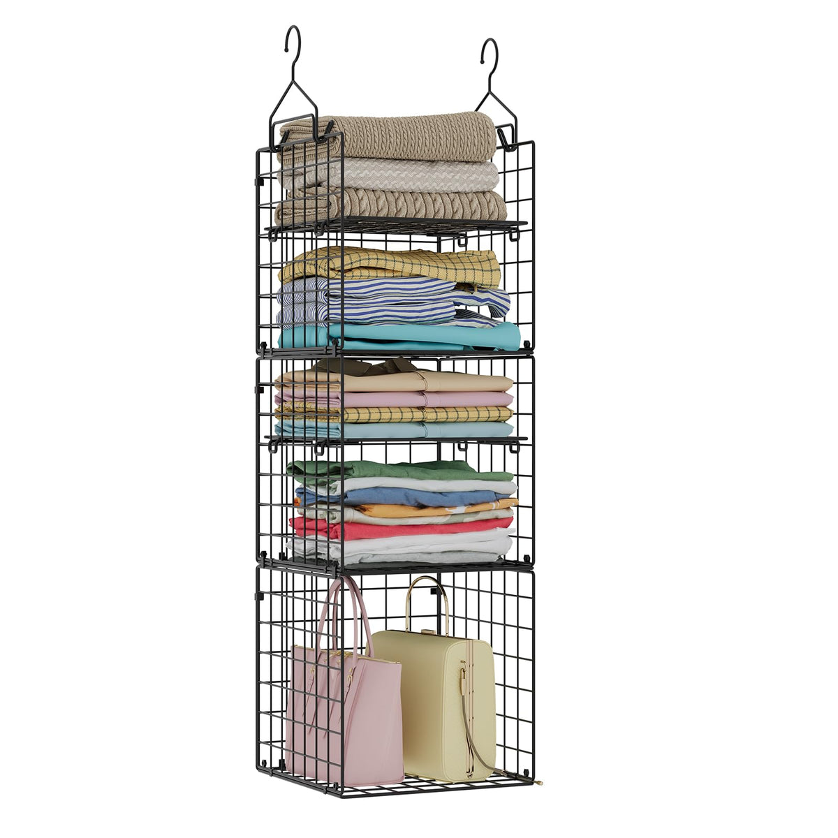 X-cosrack Closet Hanging Organizer and Storage - 5 Tier Hanging Shelves, Wire Closet Shelf Organizer Basket with Adjustable Dividers for Home Clothing Sweaters Shoes Handbags