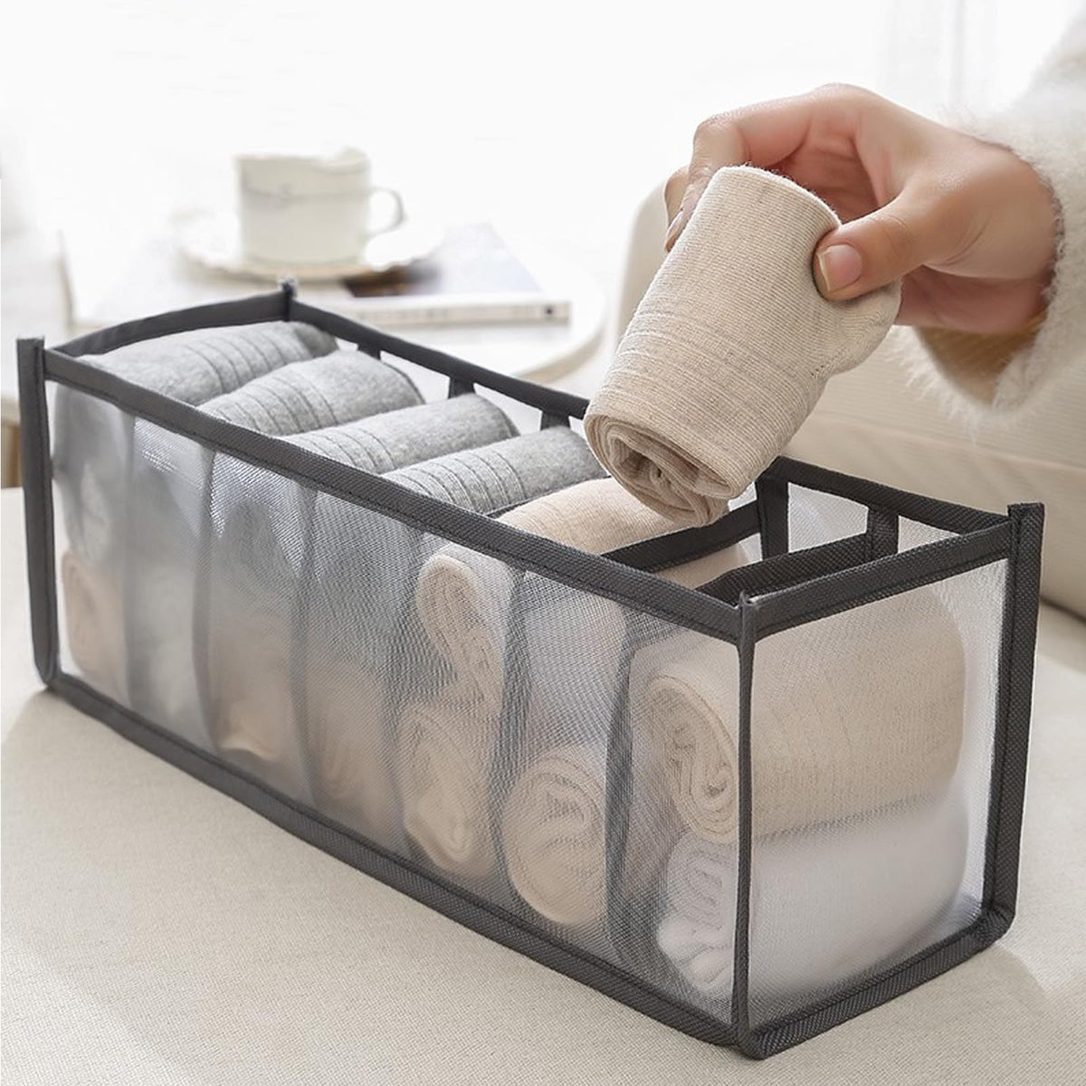 2-Pack Underwear Storage Organizer, 7-Compartment Foldable Drawer Divider for Home, Closet, and Travel Use, Mesh Fabric Organizer Box for Clothing