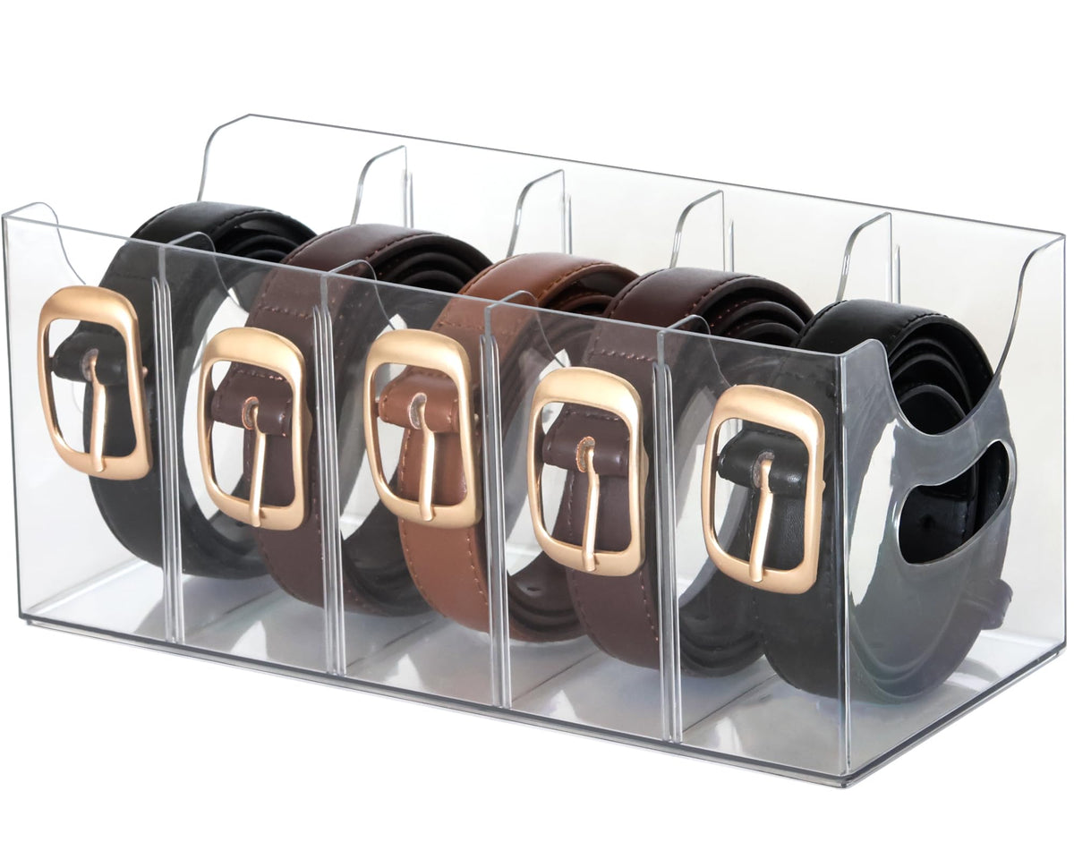 Belt Organizer - 2 Pack Clear Stackable Belt holder For Closet Drawer Storage - 5 Compartments with Removable Dividers, Multi-Purpose Display Bins With Inserts For Ties,Socks,underwear (2)
