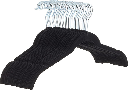 Amazon Basics Space-Saving Slim Velvet Non-Slip Clothes Hangers for Closet Organization with Shoulder Notches, Black/Silver, 30-Pack