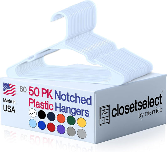 Closetselect Plastic Hangers 50 Pack, Strong Space Saving Notch Hanger, Made in USA, Perfect Shirt or Coat Plastic Hanger, with Shoulder Grooves, White, Notched