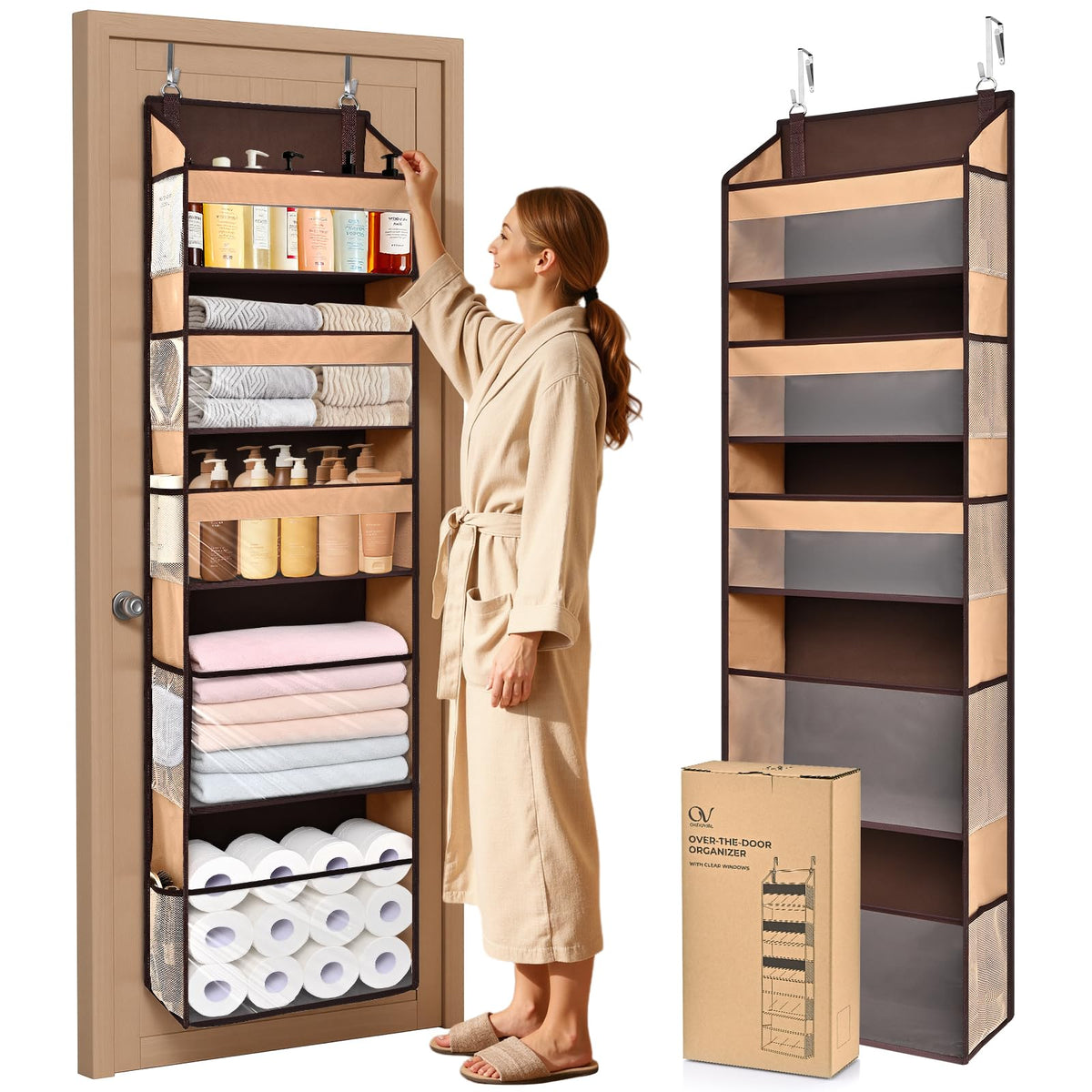 5 Tiers Over the Door Organizer with 10 Mesh Side Pockets, 44 lbs Weight Capacity Closet Hanging Storage Organizer with Large Clear Window Kids Toys, Shoes, Diapers, Beige
