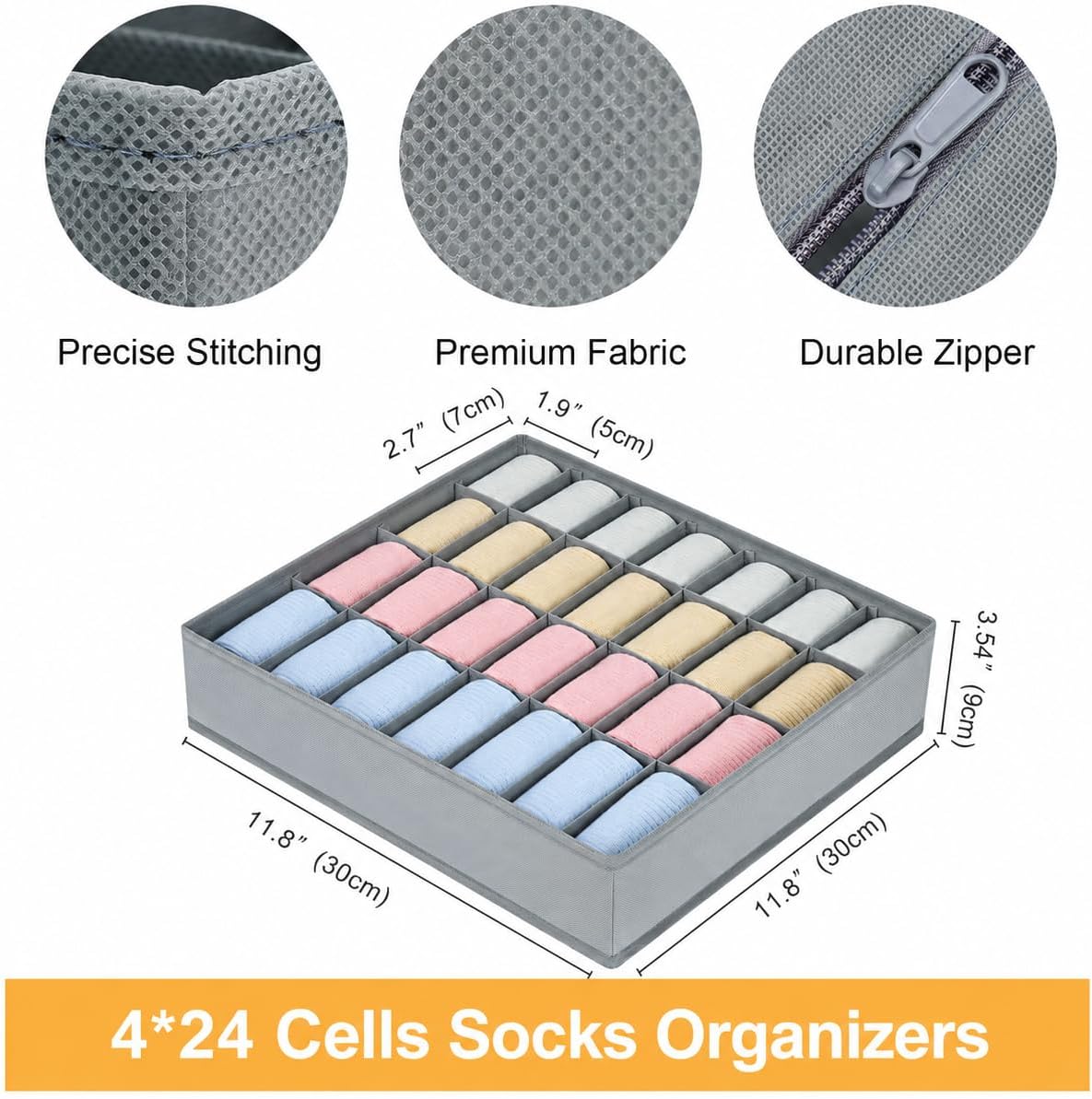 Sock Organizer 4 Pack, 24 Cell Underwear Organizer Foldable Underwear Storage, Sock and Underwear Drawer Organizer for Socks Ties Underwear Belts. (Grey)