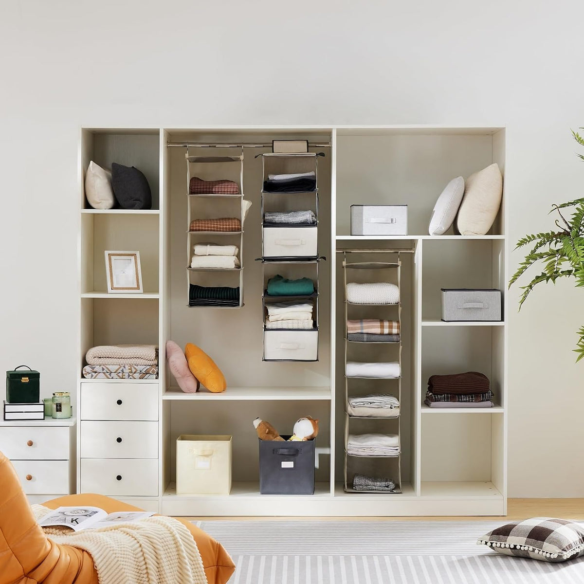 YOUDENOVA Hanging Closet Organizer and Storage for Clothes, 4-Shelf, Beige