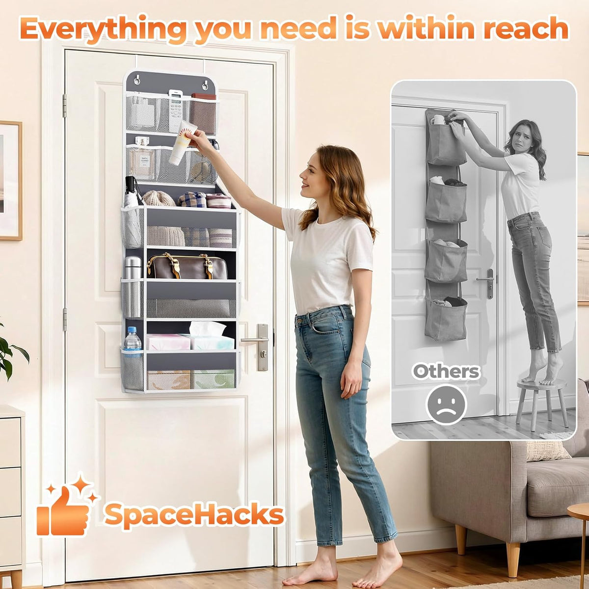 SpaceHacks 5-Tier Over the Door Organizer with Mesh Pockets, Dark Grey