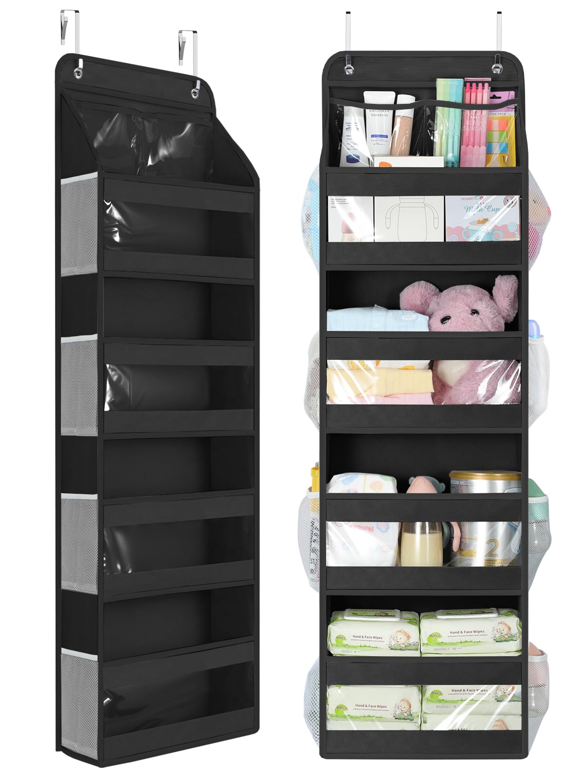 Yecaye 5 Tier Over the Door Organizer, Swing-proof Door Organizer Hanging with Clear PVC Windows, Behind the Door Storage for Bedroom Nursery Closet Laundry Pantry Bathroom, Grey