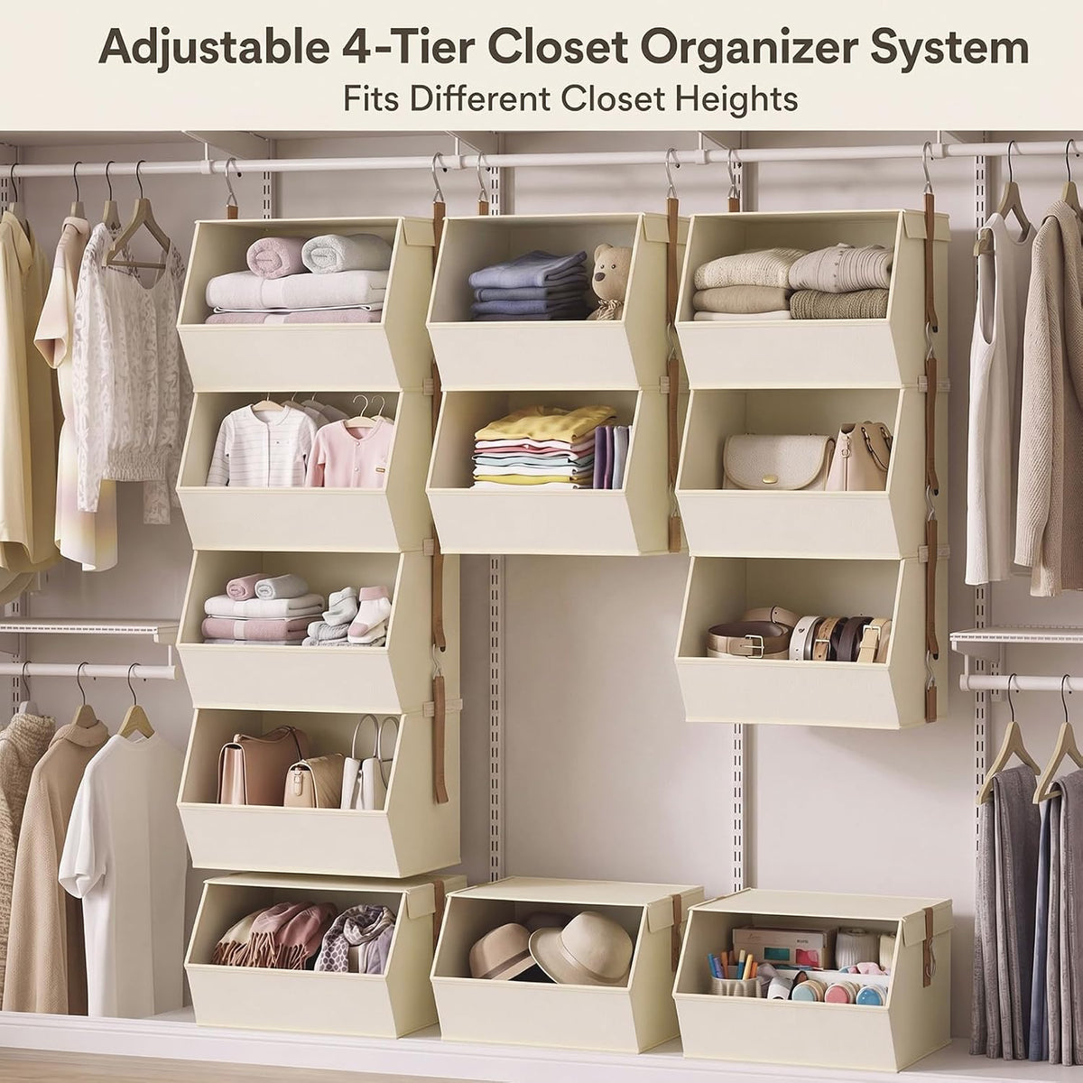 BABUFINE Hanging Closet Organizer, 4-Tier Wide Shelves with Cover, Divider