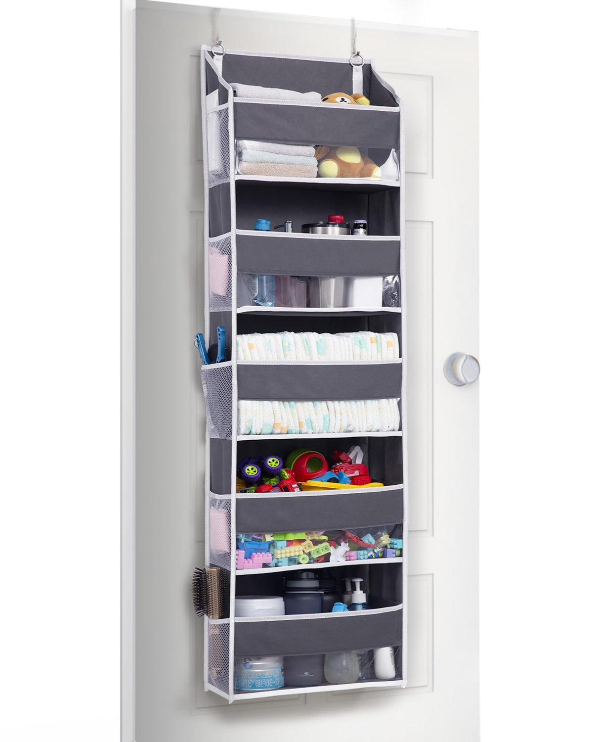 ULG 1 Pack Over Door Organizer with 5 Large and 10 Mesh Side Pockets, 44 lbs Weight Capacity Hanging Storage with Clear Window Kids Toys, Shoes, Diapers, Dark Grey, 5 Layers