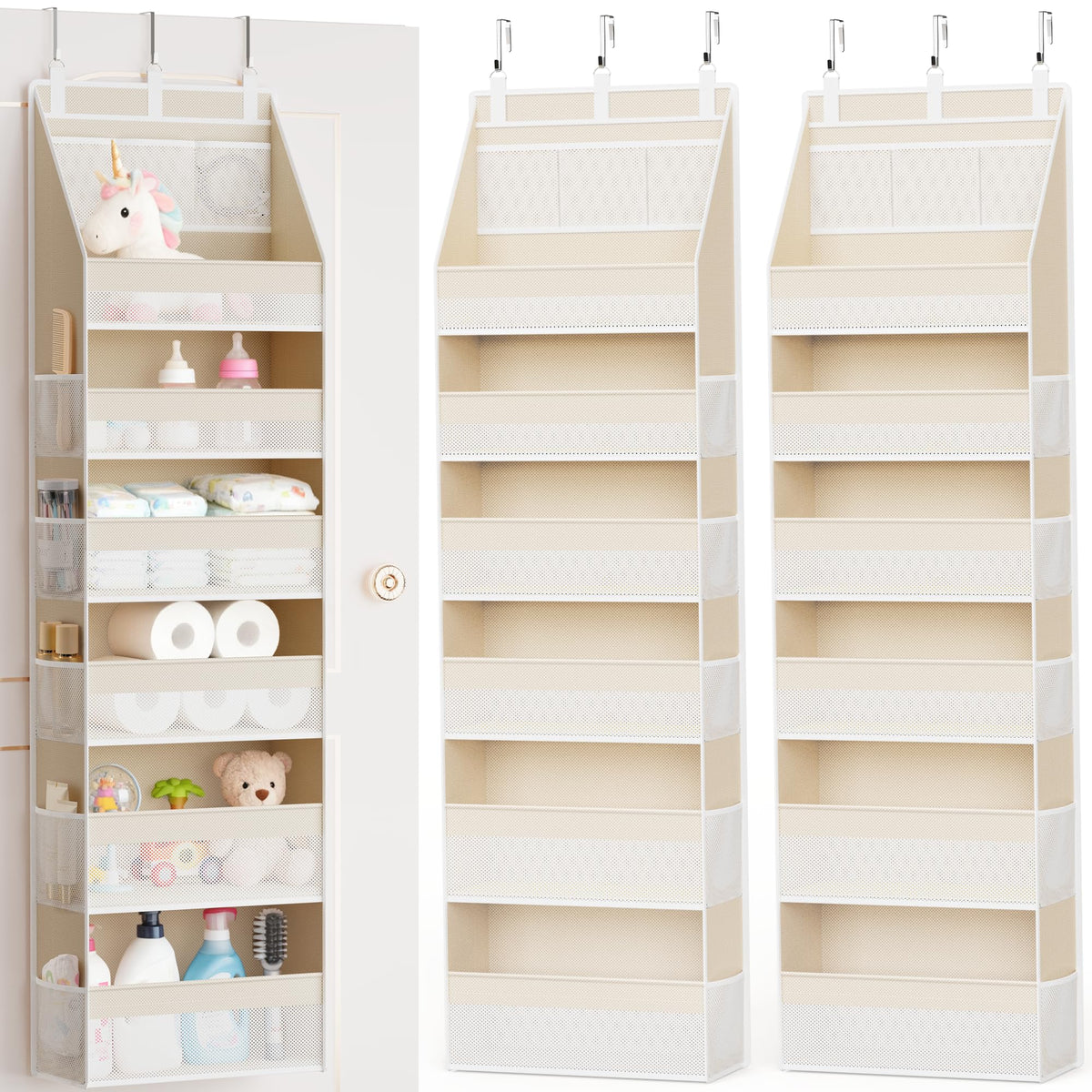 Criusia Over the Door Organizer, 6-Shelf Closet Hanging Storage with 13 Mesh Pockets, 55lbs Capacity Behind the Door Storage for Baby Nursery, Bathroom, Bedroom, and Dorm, Beige