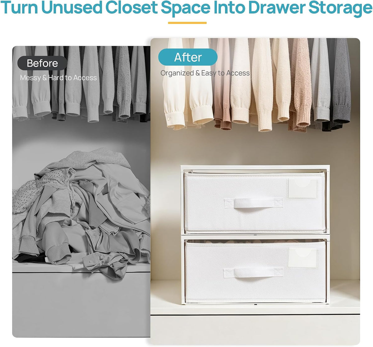 Vtopmart 2 Pack Closet Drawer Organizer, Stackable Fabric Drawers, White