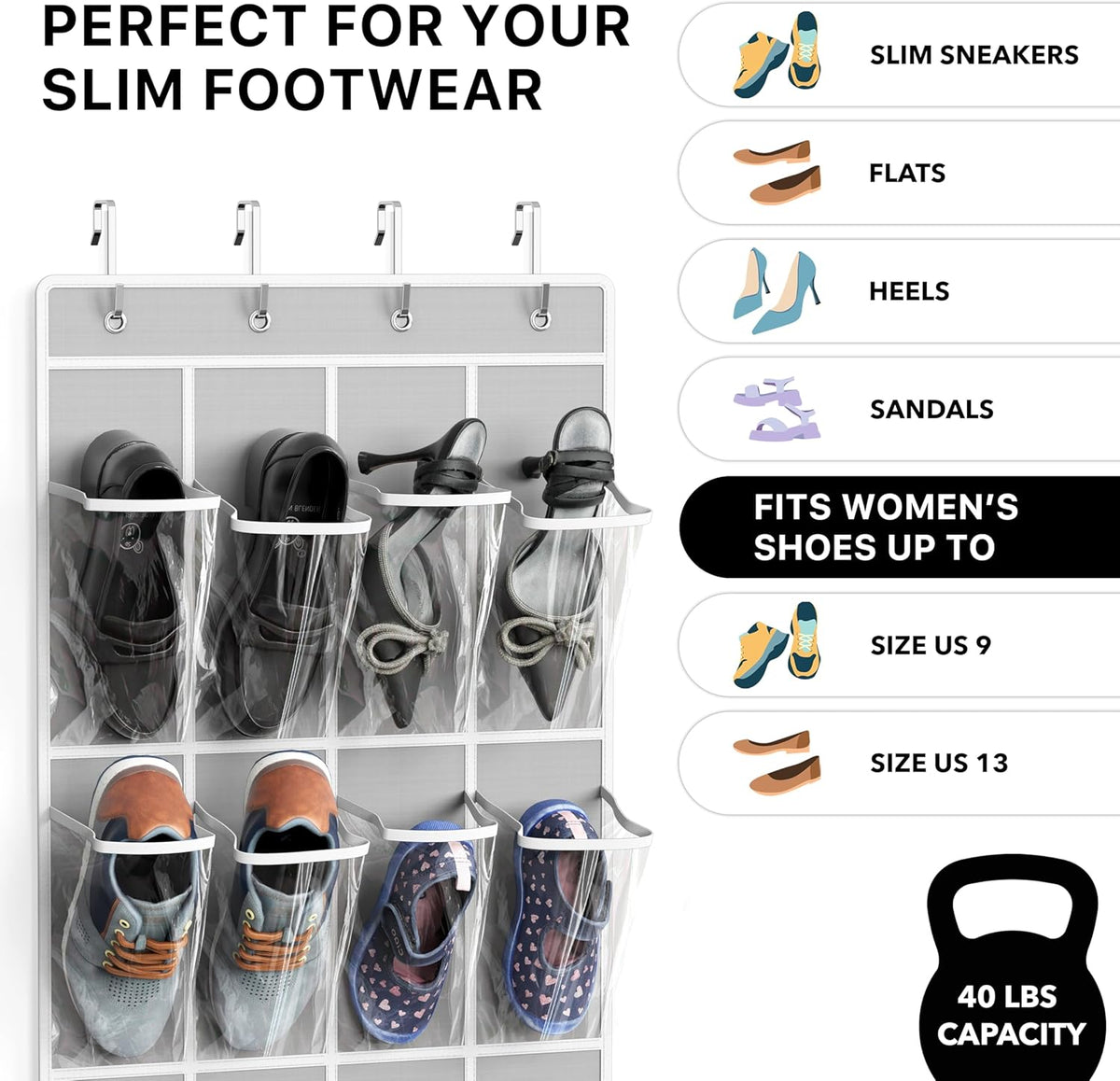 Simple Houseware 24 Pockets Clear Over the Door Shoe Organizer, Gray