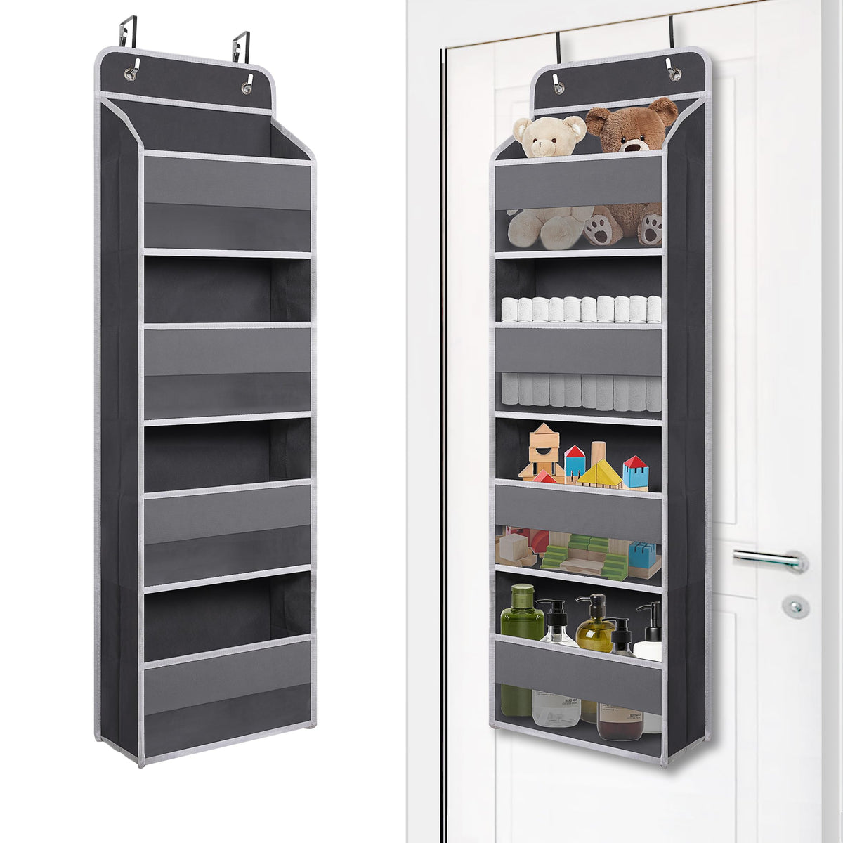 Giraffe Creation Black Over Door Organizer with 4 Large Clear Pockets, Hanging Door Storage for Closet, Bathroom, Bedroom, Dorm, Nursery, Toys, Toiletries, Cosmetics