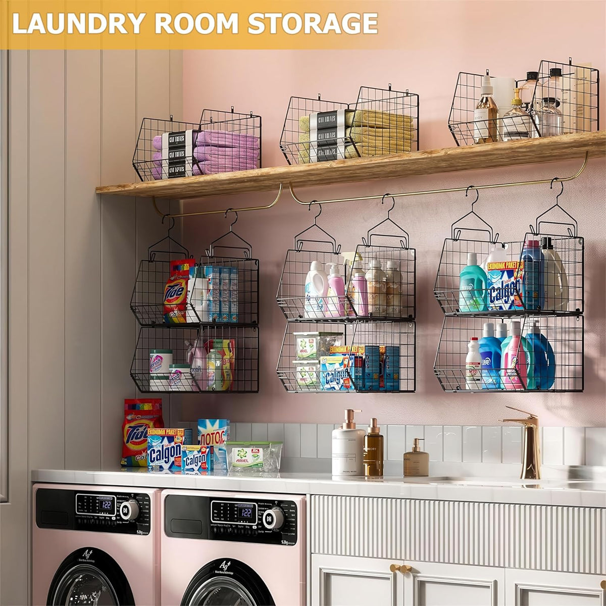 X-cosrack 3-Tier Hanging Closet Organizer, Laundry Room Organization | Space Saving Shelves with 1.65" Hook & 5 S-Hooks | Hanging Wire Baskets (12.4" W x 8.8" H x 10.24-11.8" D)