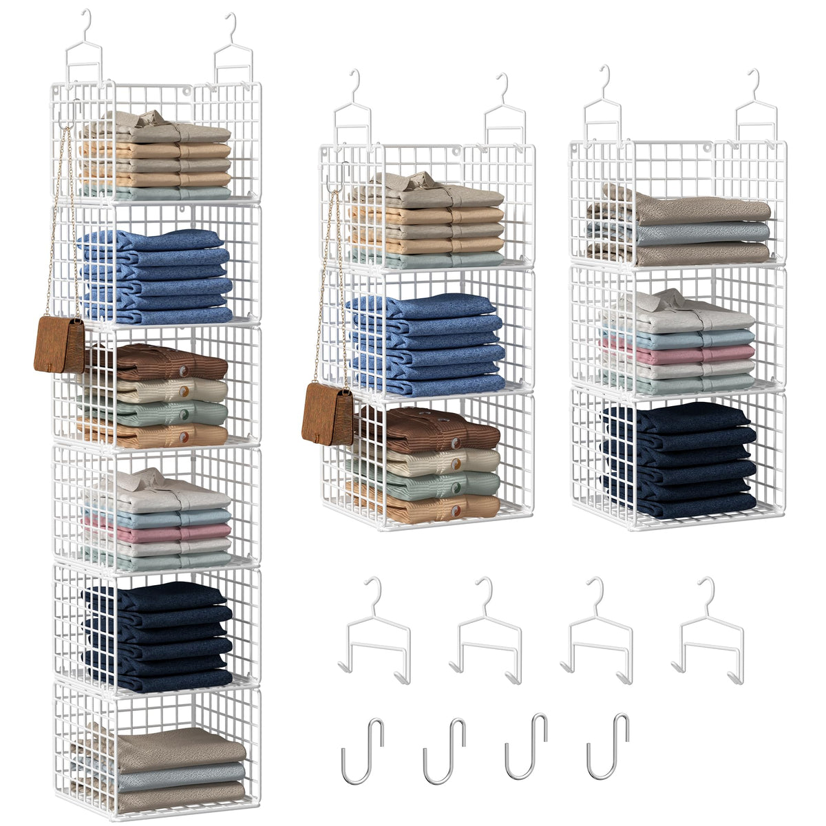 Hanging Closet Organizer, 4 Tier Metal Closet Organizers and Storage with 4 Hanging Hooks 4 S-Hooks for Wardrobe Laundry Room, Wire Storage Shelf for Clothes Sweaters Pants (White)